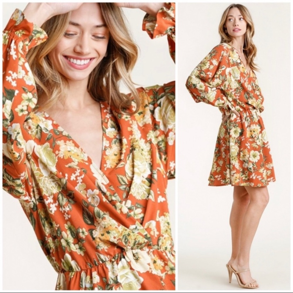 Sale🌷🤗🥰 Umgee Floral Print V-Neck Long
Puff Sleeve Dress with Elastic Waist